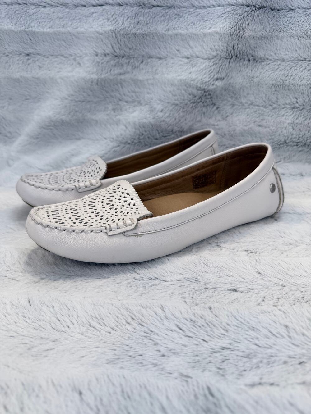UGG Clair White Perforated Leather Driving Loafers Womenโs Size 8